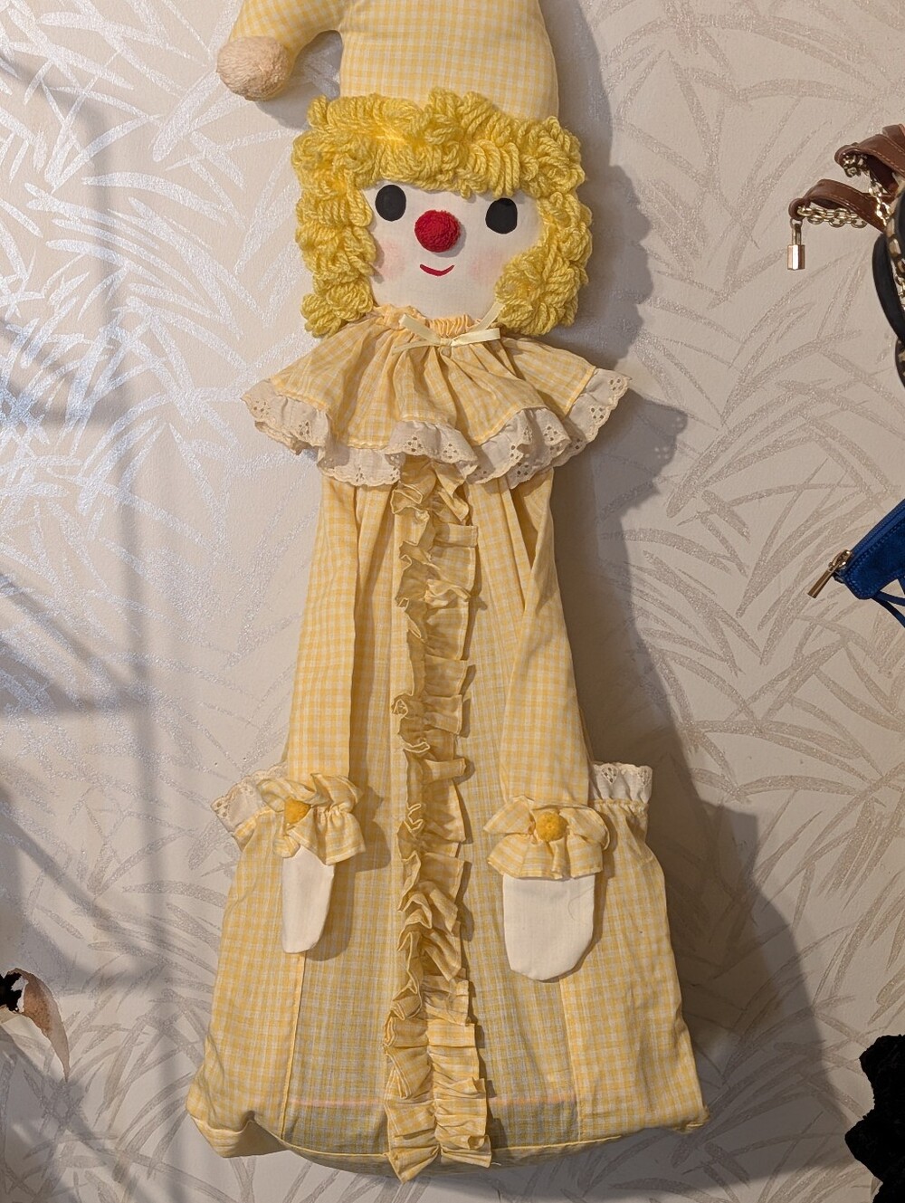 Vintage Yellow Gingham Pattern Raggedy-Style Clown Hanging Diaper Stacker.